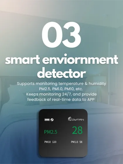 This smart environment detector provides real-time data on air quality, including PM2.5, PM1.0, and PM10 particle levels. It monitors your home 24/7 and sends feedback directly to your app so you're always informed.