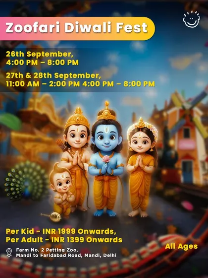 A vibrant poster for the Zoofari Diwali Fest, showcasing the festive theme and key details. I select events that are well-organized and provide clear information upfront.