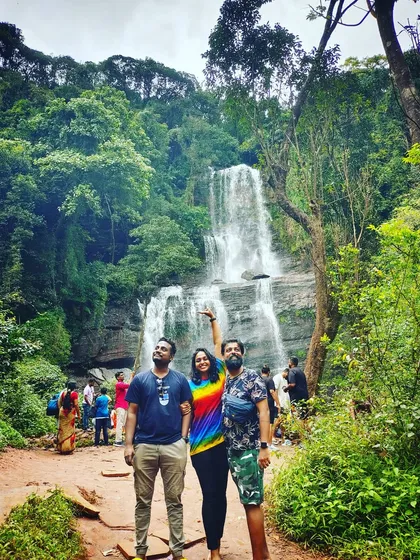 Looking up at Hebbe falls with friends, a great memory from our Chikmagalur trip.