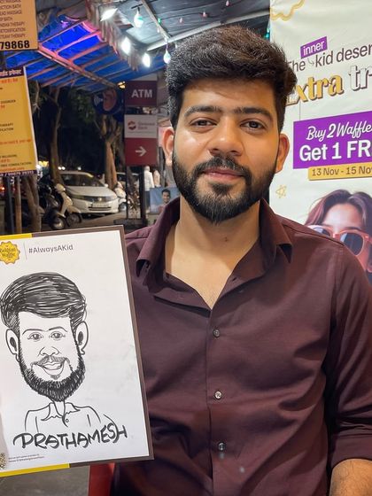 A guest from our live caricature event in Hiranandani, Powai. We enjoy setting up in different neighborhoods across Mumbai.