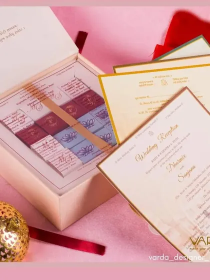 An exclusive wedding invitation set with a box of custom-printed chocolates and a variety of beautifully designed cards. This is perfect for couples who want a unique and highly personalized invitation experience.