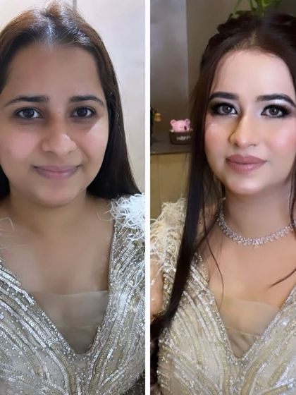 A before and after of a party makeover, showing a transformation into a glamorous look with a shimmery gown.
