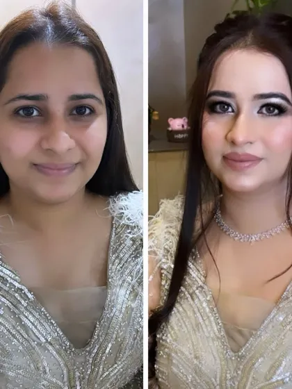 A before and after of a party makeover, showing a transformation into a glamorous look with a shimmery gown.