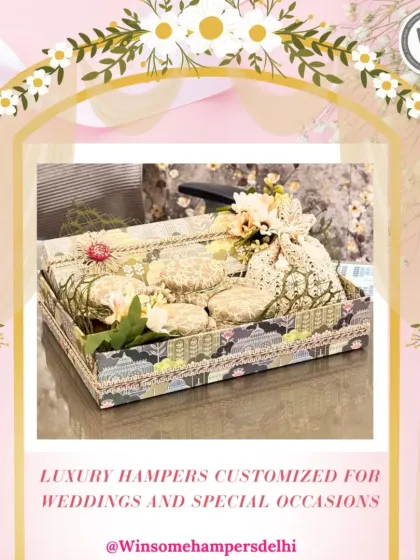 "Shaadi ka jashn ho to tohfe bhi khaas hone chahiye!" This luxury wedding hamper, with its intricate floral design and lace-wrapped jars, is a perfect example of traditional Indian gifting.