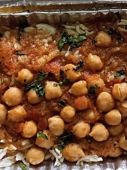 A close-up of my Chana Masala and Rice combo. The spicy and tangy chickpea curry is a perfect match for the fluffy rice.