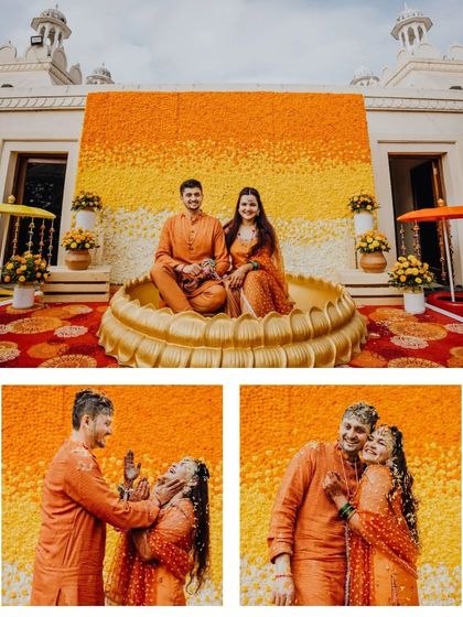 A stunning Haldi setup with a wall of marigolds. Vaishnavi and Anay's ceremony was as beautiful as it was fun.