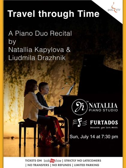 The poster for "Travel through Time," a piano duo recital featuring Western classical music.