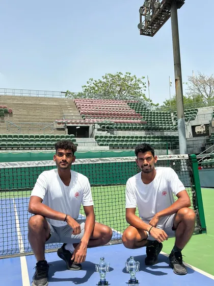 NTC players Maan Kesarwani and Ricky Chaudhary as runners-up in the AITA 5 Lacs Men's Doubles in Hyderabad, pictured on court at the Sania Mirza Tennis Academy.