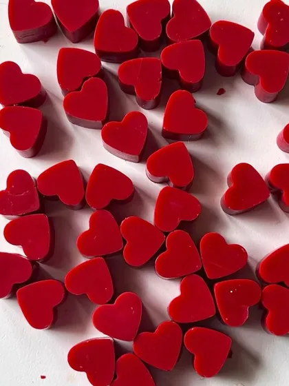 It's the heart season. A batch of our bright red heart-shaped wax melts, perfect for Valentine's Day.