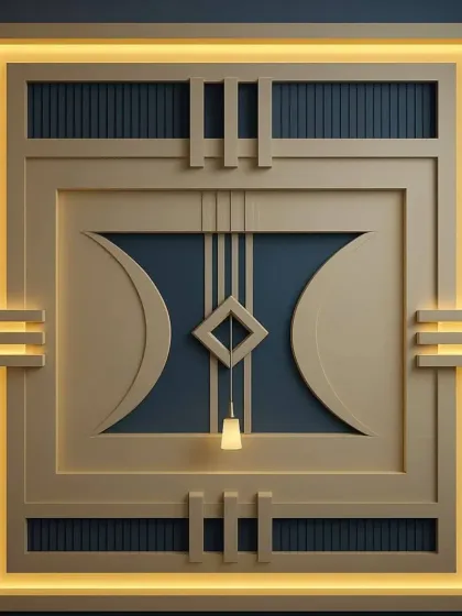 I create statement pieces that define a room. This is a custom-designed gypsum wall panel featuring intricate geometric shapes, layered construction, and built-in profile lighting for a warm, ambient glow.