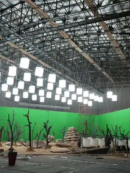 The full green screen set for the Coca-Cola ad, showing the practical set elements combined with our extensive lighting setup.