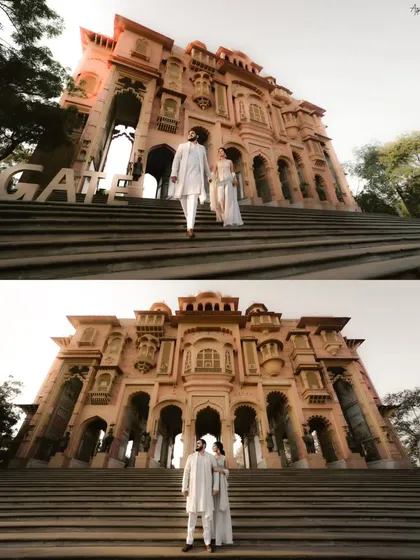 A dramatic, low-angle shot of Manav and Prachi at Patrika Gate in Jaipur. This two-panel image shows both a dynamic walking shot and a powerful static pose, highlighting the grandeur of the location.