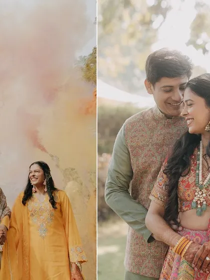 A collage showcasing the variety of a pre-wedding shoot. From a dramatic shot with colored smoke to an intimate, smiling portrait, this collection captures the couple's dynamic personalities.