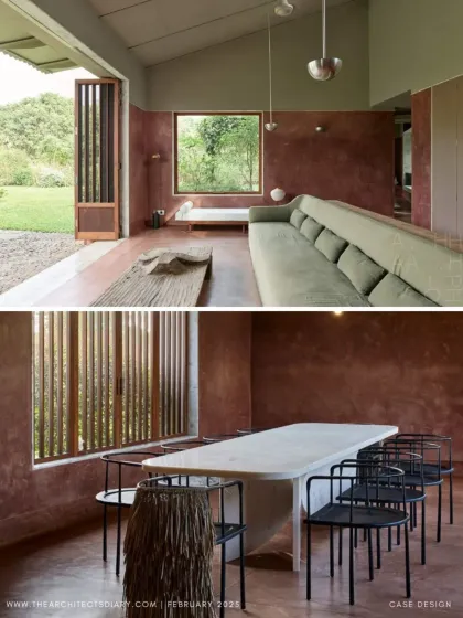 A collage showcasing the interior spaces of Villa Uma. The design features earthy, pigmented plaster walls and custom furniture, creating a cohesive and serene living environment that opens up to the garden.