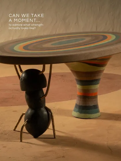 Can we take a moment to admire what strength looks like? This terrazzo dining table is held up by a sculptural ant form cast in concrete and brass, carrying more than its weight with quiet, unshakable purpose.