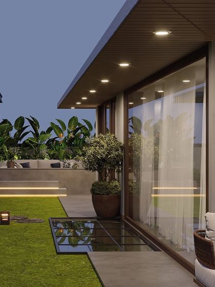An overview of the Shahtoot Marg terrace, highlighting the different zones we created. The design includes a glass skylight set into the lawn, allowing natural light to filter to the floor below while adding a unique architectural detail.