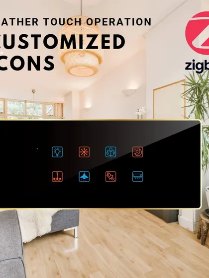 Our touch panels can be fully customized to your needs. This Zigbee-enabled panel features clear, customized icons for different functions like lights, fans, and scenes, ensuring feather-touch operation that is easy for anyone to use.