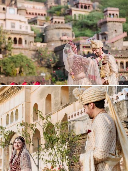 A two-part collage capturing the varmala exchange and the bride's first look at the groom, set against a majestic fort backdrop.