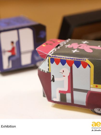 A whimsical paper auto-rickshaw created by a middle school student for the MS Art Exhibition. Our visual arts classes encourage students to draw inspiration from our host country, India, and express it through creative mediums.