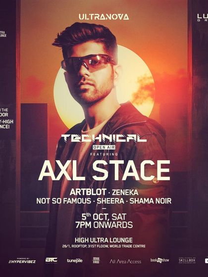 The main flyer for the "Technical Open Air" event at High Ultra Lounge, headlined by AXL STACE.