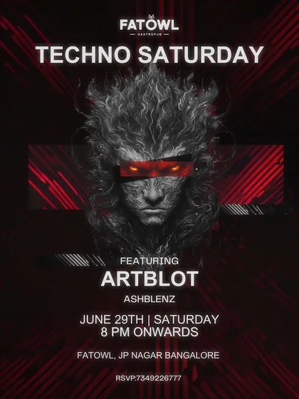 A duplicate of the flyer for Techno Saturday at Fatowl.