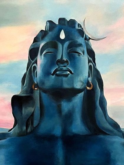 The full view of the sold Adiyogi Shiva painting. The peaceful expression and the soft colors of the sky create a very calming effect.