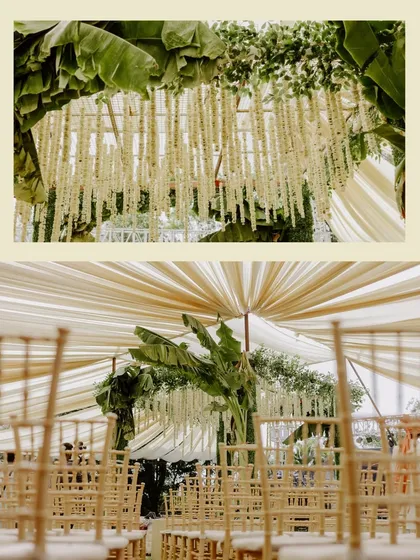 A collage showcasing the beautiful wedding decor, featuring hanging floral arrangements of tuberose and a view of the elegant seating.