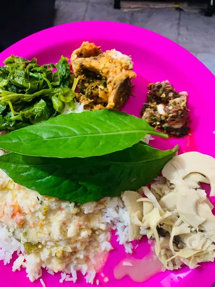 Another angle of the river fish thali, showing the different components. Naga meals are all about variety on one plate.