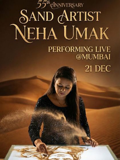 A poster for a 55th-anniversary celebration in Mumbai. The image shows me creating art in a desert-like setting, emphasizing the sand medium.