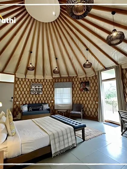 Step inside a unique yurt-style tent at Machaan Wilderness Lodge in Nagarhole. This is glamping at its finest, offering a luxurious and comfortable way to immerse yourself in the wilderness.