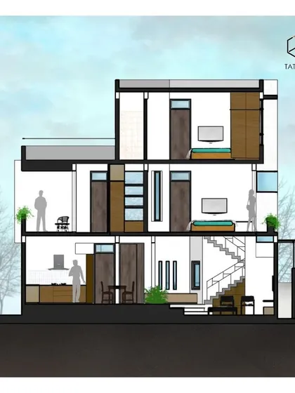 This is a detailed sectional drawing for a residential bungalow in Mysore, illustrating our focus on interior spatial planning. It reveals the home's internal flow across multiple levels, showing how we design living spaces, bedrooms, and circulation areas to create a functional and harmonious living experience.