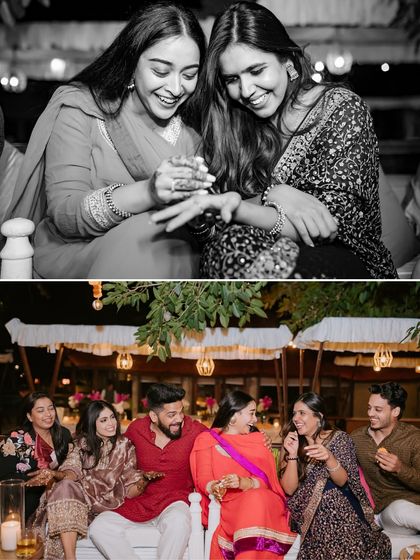 A collage of candid moments from a Mehendi night in Jim Corbett, showing friends laughing and enjoying the cozy, starlit atmosphere.