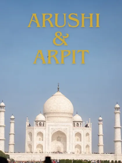 A simple yet powerful graphic announcing the couple's union against the iconic silhouette of the Taj Mahal, perfect for a save-the-date.