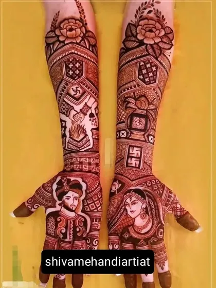 This design features bride and groom portraits on the palms, with the forearms depicting sacred rituals like the havan fire and other auspicious symbols.