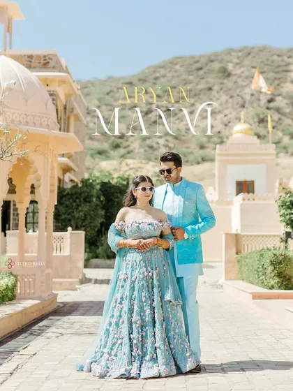 Capturing the essence of a royal romance in Pushkar, Rajasthan. The grandeur of the palace architecture perfectly complements the couple's elegant, color-coordinated attire for a timeless pre-wedding portrait.