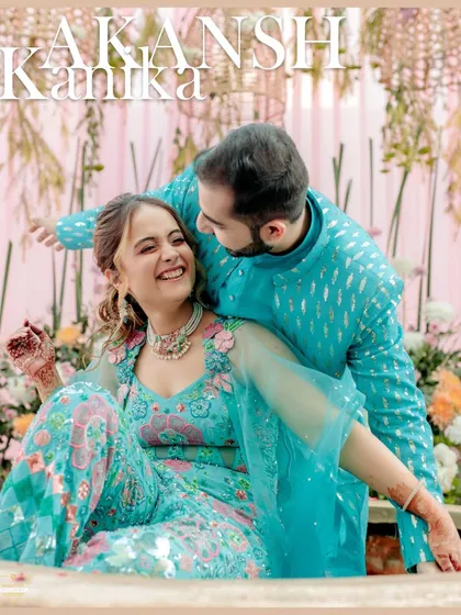 A joyful portrait of the couple, their laughter and connection shining through during their Haldi ceremony.