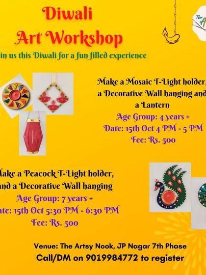 Here's an announcement for one of our popular Diwali Art Workshops, where kids made mosaic T-light holders, lanterns, and decorative wall hangings.