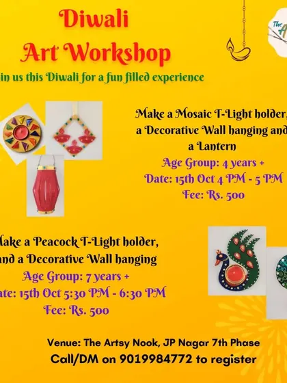 Here's an announcement for one of our popular Diwali Art Workshops, where kids made mosaic T-light holders, lanterns, and decorative wall hangings.