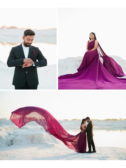A collage from Ashish and Pallavi's pre-wedding shoot in a desert-like landscape. The bride's purple trail gown flowing in the wind adds movement and drama to the sunset shots.