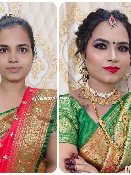 Before and after of a traditional Maharashtrian bridal look. I created a look with classic kohl-rimmed eyes, a red lip, and traditional jewelry to match her green and red saree. The hairstyle is a simple, elegant updo.