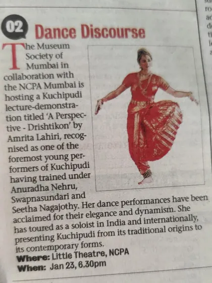 A press clipping for my 'Dance Discourse' event. It is always encouraging to see the media support these opportunities for cultural dialogue.