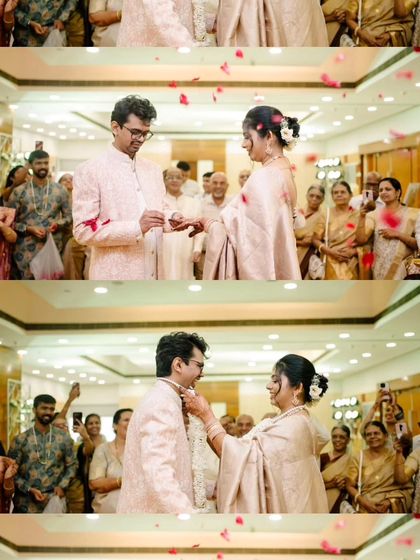 A collage capturing key moments from an intimate wedding, including the ring exchange and cheers from the family.