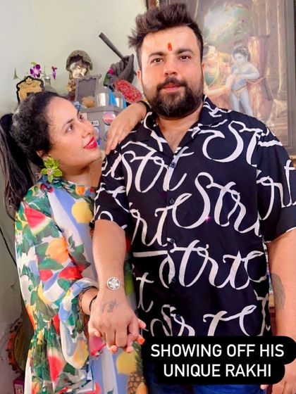 Rakhi 2024. A happy brother showing off his unique Rakhi from our collection. We love being a part of your family celebrations.