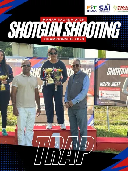 The winners of the Trap shooting category at the Manav Rachna Open Shotgun Shooting Championship 2023, with women participants also being honored for their performance.