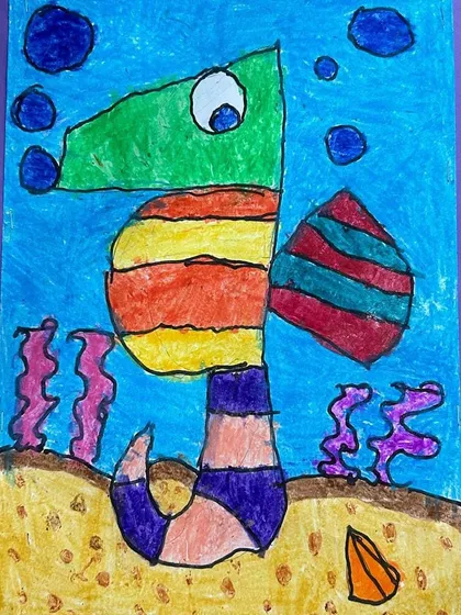 Another student's take on the seahorse, this time with a different color palette, showing how individual creativity shines through.