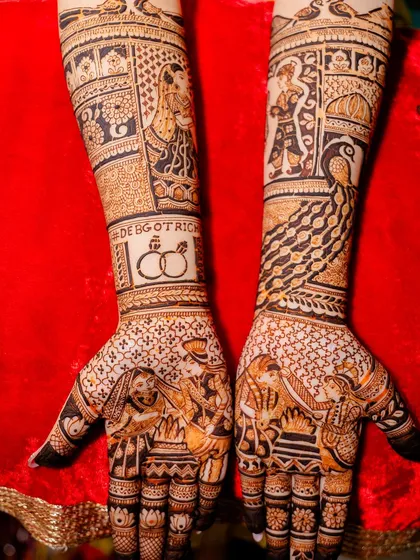 This is the full design for the bride Richa Mehta, telling her wedding story. It includes the varmala, the pheras, the sindoor moment, and her personal hashtag #DebGotRich.