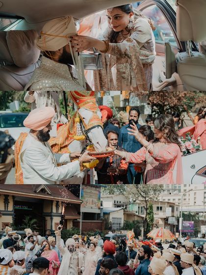 A collage showcasing the vibrant traditions of a Punjabi wedding, from the groom's sehra bandi to the energetic baraat procession.
