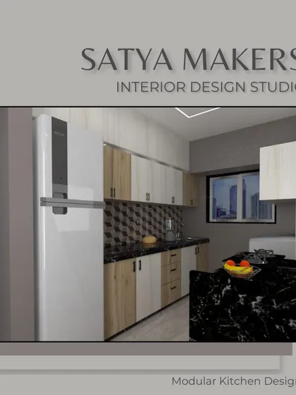 A kitchen design concept combining wood-finish and patterned laminates for a warm, textured look.
