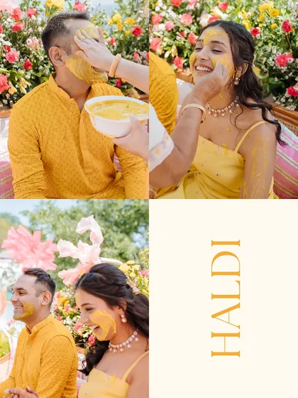 A collage of playful moments from a Haldi in Kasauli, showing the couple and guests enjoying the turmeric application against a floral backdrop.