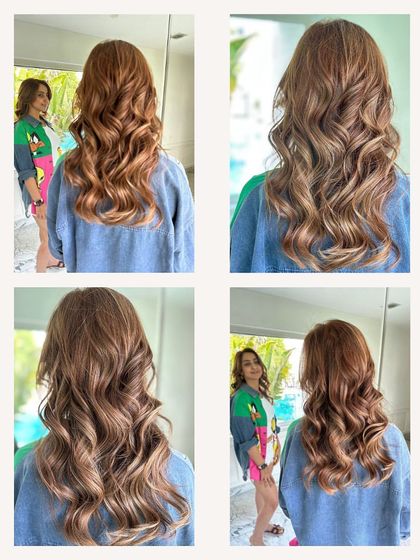 A collage showcasing different angles of this wavy balayage. You can see how the color catches the light to create dimension and shine.